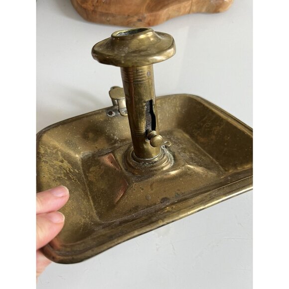 Antique Brass Pushup Candle Chamberstick Colonial Rectangular Base Finger Holder - Picture 2 of 9